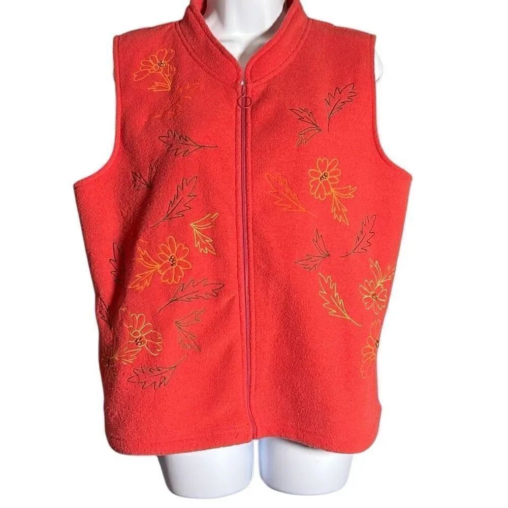 Christopher & Banks Fleece Vest – Size XL – Red Floral Embroidered Zip-Up
